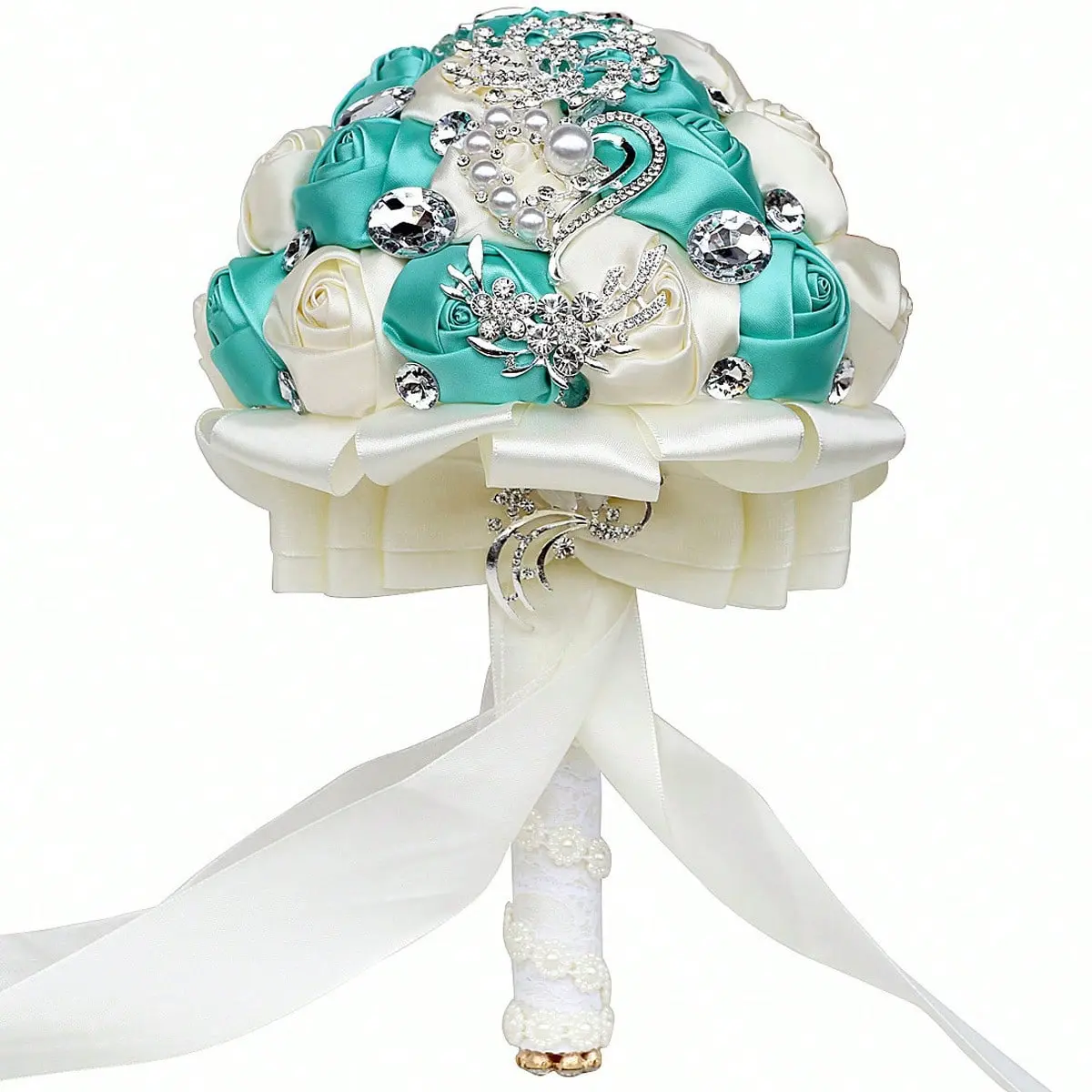 Handmade Rose Satin Wedding Bouquet Bride Bridesmaid Rose Flower Rhinestones Jewerlry Decorated Sweet 15 Quinceanera Bouquet