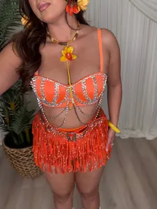 TROPICOQUETA Women's Boho Casual Stretch Fringe Bottom Skirt - Orange, with Rhinestone Belt, Boho Casual Skirts, Stretch Skirts