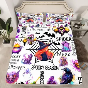 Feelyou Halloween Witch Wine Pattern Fitted Bedding Sheets Set - Horror Skulls, Ghosts, Bats, Cat, Crows, Pumpkins - Queen Bedding Sets for Kids' Bedroom Decoration Linens