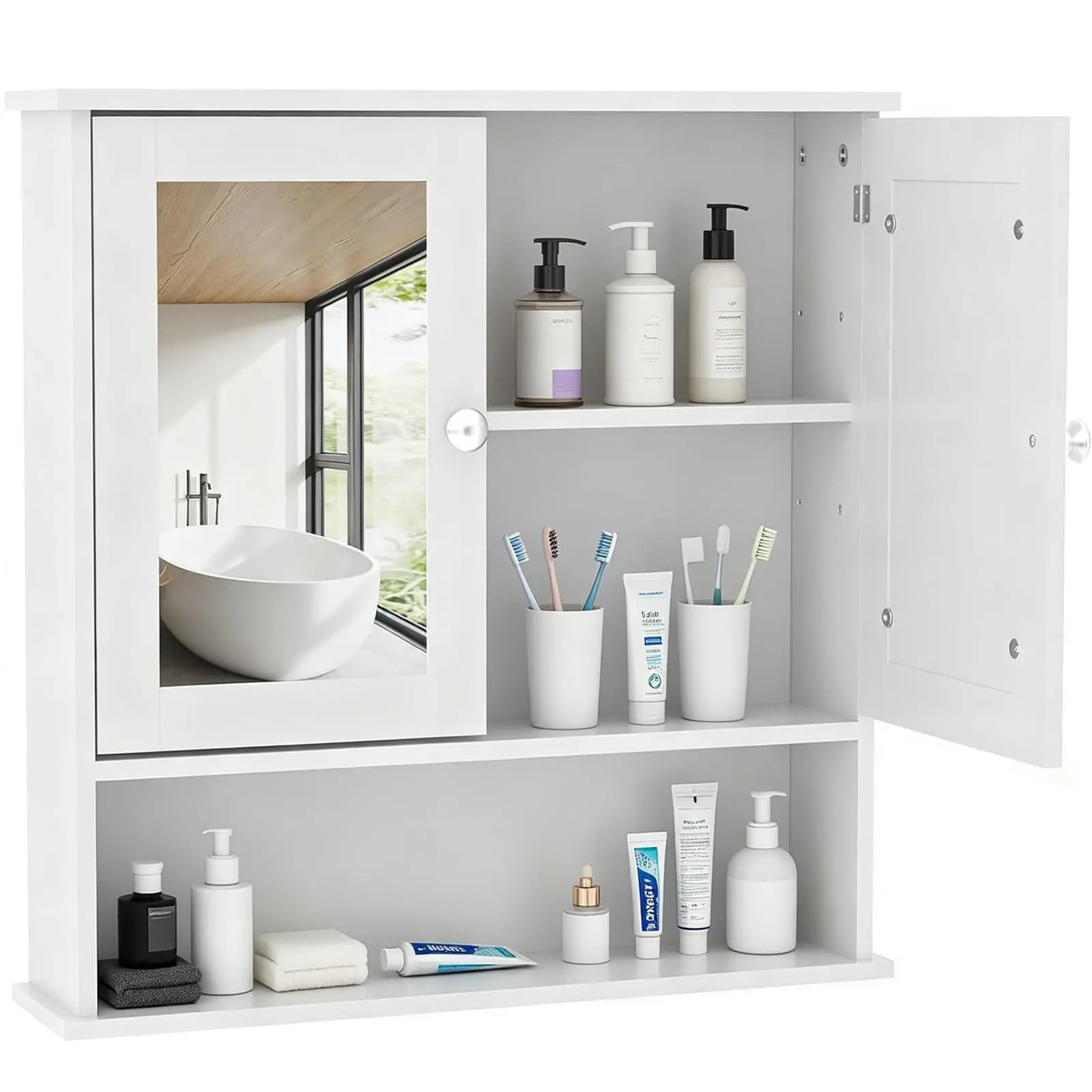 White Wall Mount Mirror Medicine Cabinet, Bathroom Cabinet with Mirror, Wall-Mounted Storage Cabinet, Adjustable Shelf, Open Compartment, or Bathroom Kitchen Organization