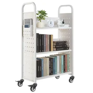 3-Tier Rolling Book Cart with Single-Sided L-Shaped Shelves in White, Movable Book Truck for Home Office Library or Classroom, Steel Frame, Easy-Glide Wheels, Adjustable Shelves, Ideal for Books, Supplies, and Organization