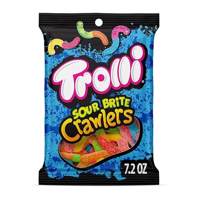 Trolli Sour Brite Crawlers, Candy, Cherry-Lemon, Strawberry-Grape & Orange-Lime, Sweet and Sour, Gummy Worms, Back to School Sweet Treat, 7.2 oz