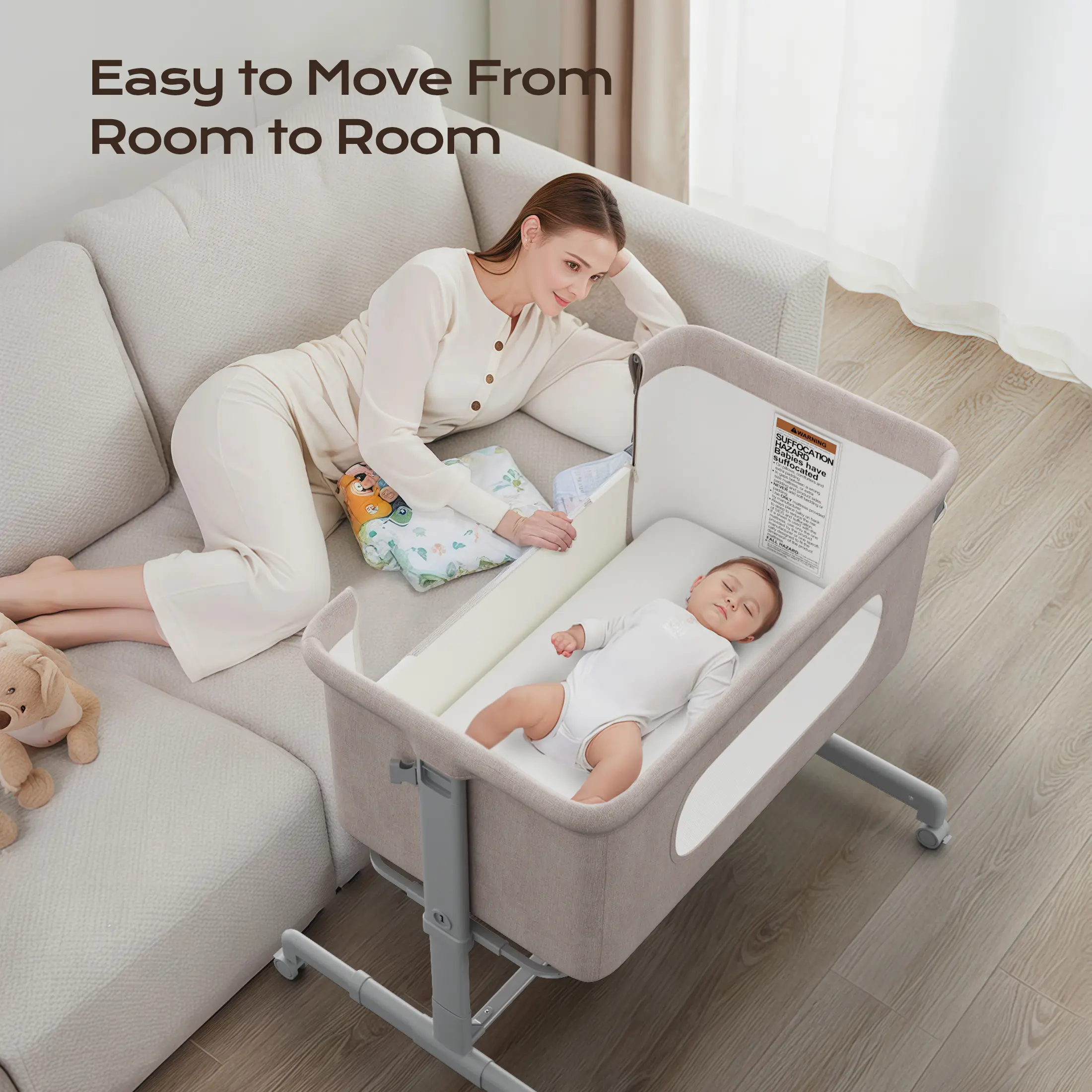BabyBond 3 in 1 Bassinet Bedside Sleeper for Newborns with Comfy Mattress Wheels & 6 Height Adjustments Portable Convertible Design,Easy to Move, Beige,Ideal Christmas Gifts for Babies