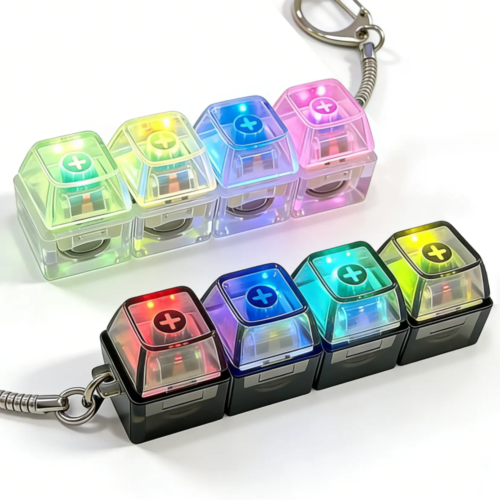 4-in-1 Keyboard Adult Fidget Clicker Toy with LED Light Silent and Loud Keyboard Fidget Keychain Cube Mechanical Key Button Clicker Stress Relief Gift for Office, Car and Home Pass Time