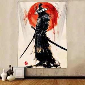 Anime Japanese Samurai Tapestry, Cool Japan Black and Red Sun Art Tapestries Wall Hanging for Men Boys Bedroom Decor Poster