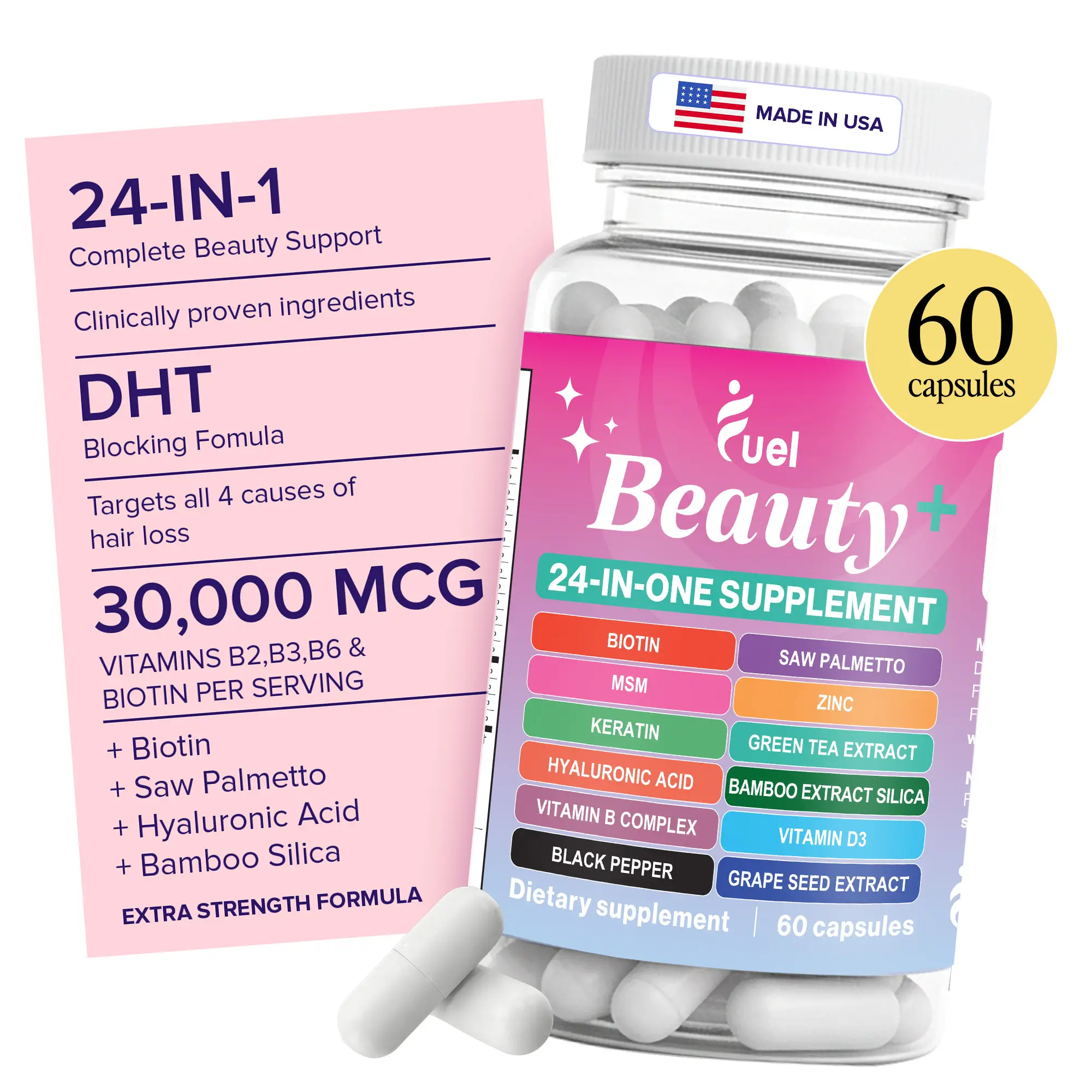 Fuel Beauty+ 24-IN-1 Complete ALL-IN-ONE Hair Growth, Skin & Nails 60 Capsules w...