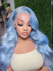 Sky Blue Lace Front Wig 13x4 Body Wave Curly Wave Synthetic Lace Front Wig Light Blue Colored Pre Plucked Glueless Wig 180% Density HD Transparent Blue Wig Body Wave Wear And Go Wig 26inch Glueless Hair Wigs Lace Frontal Wigs Body Wavy Wigs