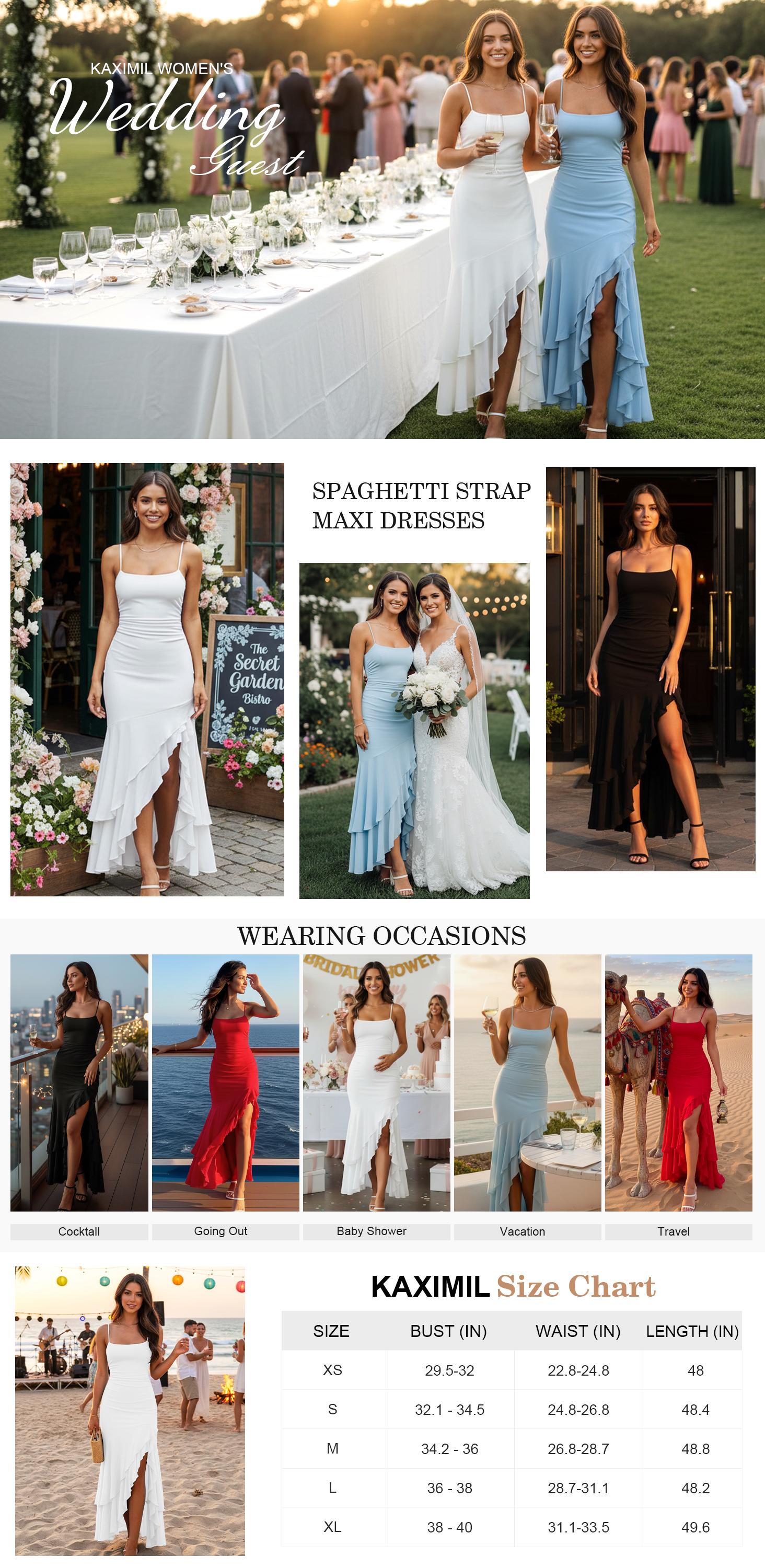 Kaximil Women's 2026 Sexy Ruched Maxi Dress - Snatched Fit Spaghetti Strap Ruffle Mermaid Hem - Elegant Wedding Guest, Prom, Cocktail & Formal Night Party Long Dress Breathable Mesh Fabric Smooth Womenswear