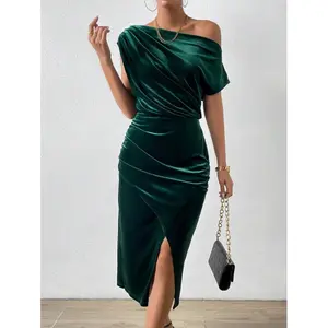 Women's Dark Green Asymmetrical Neck Velvet Dress with Batwing Sleeves High Waist Fitted Midi for Formal & Evening Occasions