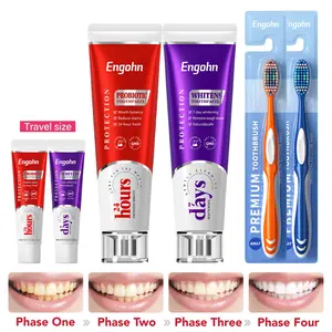 Teeth whitening toothpaste that removes yellowing and coffee stains, leaving your teeth white and beautiful. Includes both family-size and travel-size toothpaste. Provides 24-hour fresh breath with no unpleasant odor . eco friendly pack
