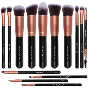 SHANY Black Bombshell 14-Piece Makeup Brush Set - Professional Synthetic Ombre Brushes with Charcoal Tones & Dual-Ended Brow Brush - Cruelty-Free & USA Designed
