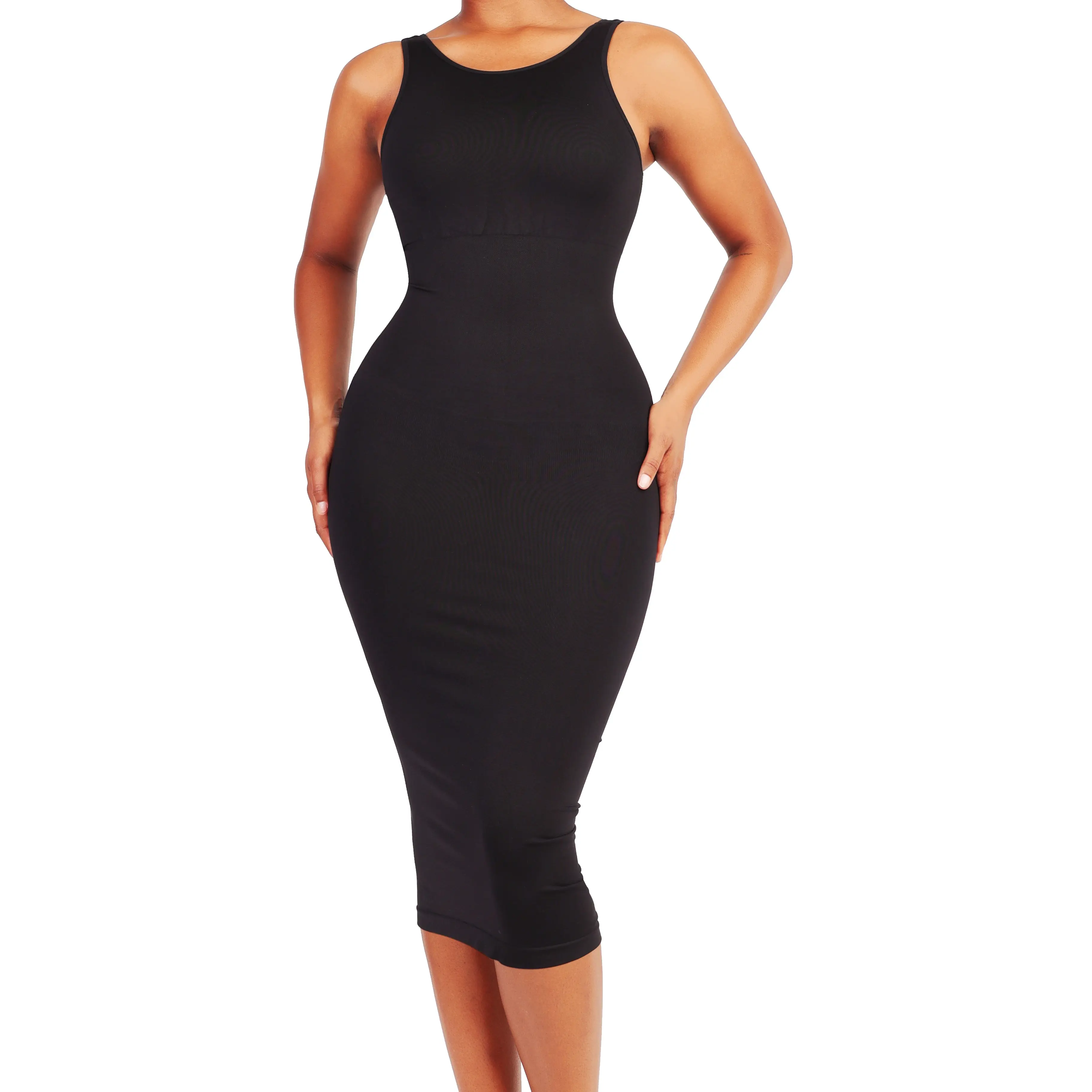 Soo Slick Shapewear Midi Dress with Reversible Neckline | Tummy Control Waist-Snatching Sexy Bodycon Dress | Round Neck & Crewneck | Removable Padding