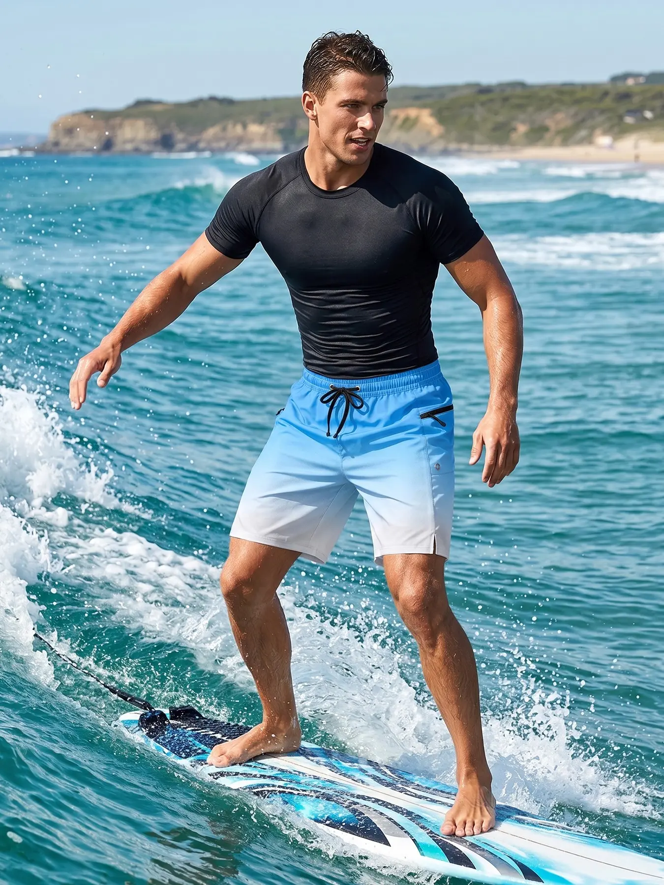 Men's Summer Casual Sport Surfing Beach Clothing Set, Round Neck Short Sleeve Rash Guard Quick-Dry Breathable Tight Fit Tee T-Shirt + Zipper Side Pocket Beach Shorts Board Shorts Swim Trunks, Quick Dry Sportswear Quick Drying Outfits