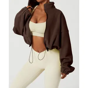 Women's Stand Collar Polar Fleece Jacket Relax Fit Baggy Winter Short Coat Long Sleeve Warm Crop Outwear Casual Fabric Womenswear Comfortable Fitted Day Autumn and winter fashion clothing