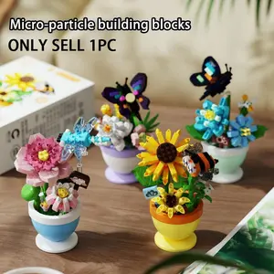 Plant Potted Design Building Toy, 1 Box Simulation Flower Building Blocks Toy, Home Decoration Ornament, Creative Birthday Gifts, Rose Figure, Whimsical Figurines