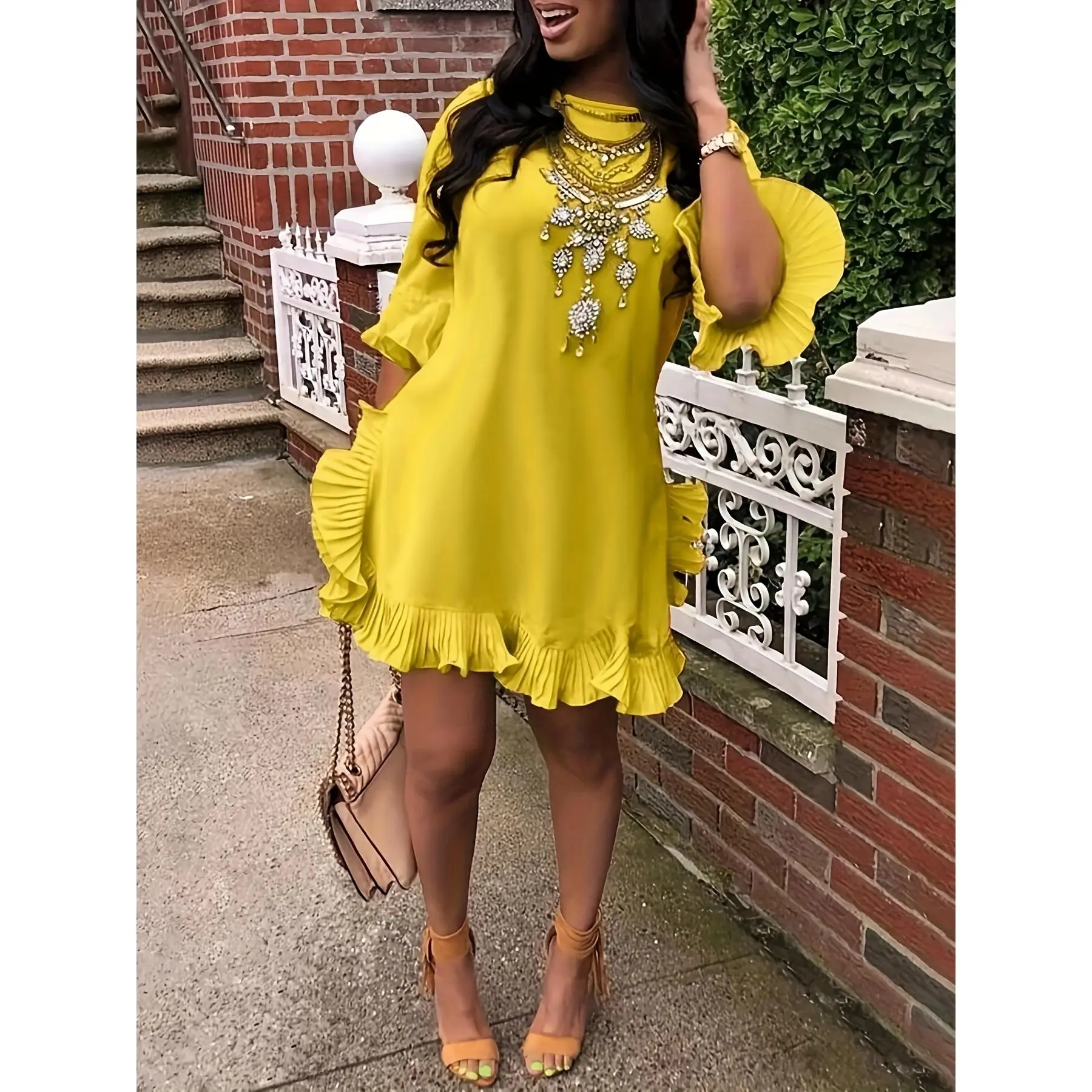 2026Women's Strapless Short-Sleeve Chiffon Tiered-Layer Dress - Above Knee, Acetaldehyde-Free, Versatile Formal Outfit for Bachelorette Party, Wedding Vacation (Spring Summer Fall Womenswear)
