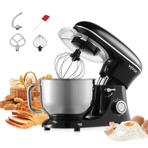 VEVOR Stand Mixer, 6 QT Dough Mixer, 660W 6+ P Speeds Tilt-head Food Mixer with Stainless Steel Bowl, Dough Hook, Wire Whip, Flat Beater, Scraper, Household Stand Mixer for Baking Mixing, Black