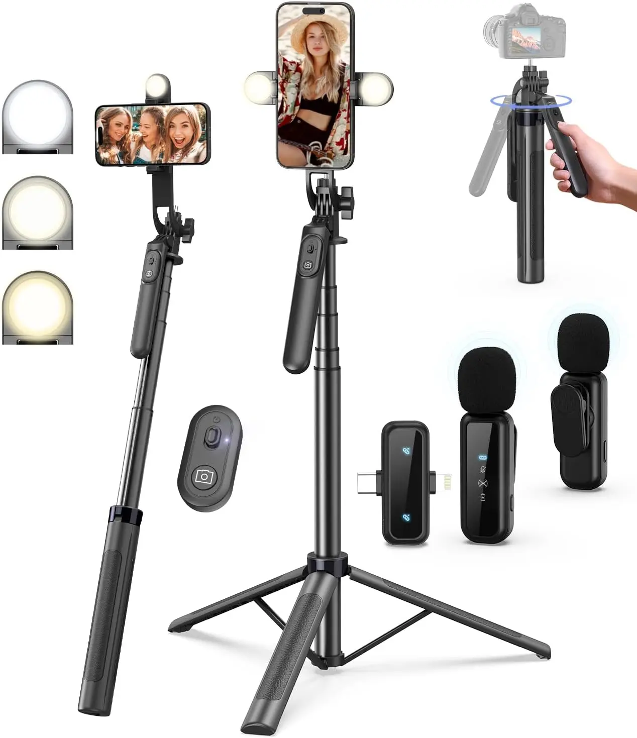 Yeaki Aluminium 4-in-1 Compact Mobile Content Creator Vlogging Kit, 71" Adjustable Detachable Cellphone Selfie Stick Tripod, Wireless Bluetooth Remote, Dimmable Light, Recording Microphone, Handle, Storage for iPhone/Android (TikTok Starters)