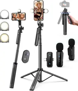 4 IN 1 Content Creator Vlogging Kit for iPhone/Android 71" Selfie Stick Tripod with Light Wireless Remote & Microphone Adjustable Phone Tripod for TikTok/Youtube Starter Essentials