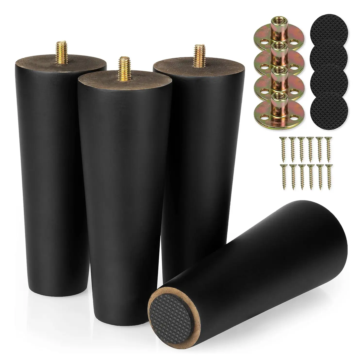 4pcs-Pack Solid Hardwood Furniture Legs, Mid-Century Style  Matte Black, Hardware Heavy Duty, Perfect for Couches, Dressers, Chairs, and Cabinets, Screws