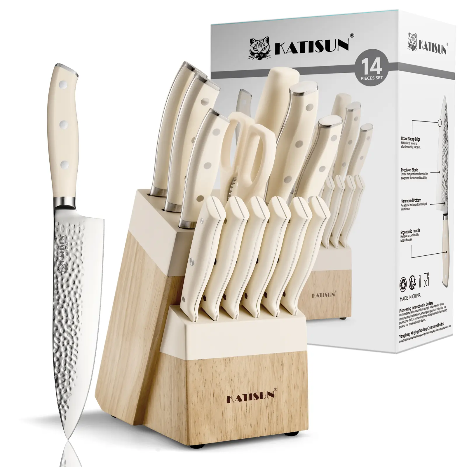 14-Piece Cream Kitchen Knives Set with Wooden Holder, High Carbon German Stainless Steel Hammered Blades, Self-Sharpening Design, Dishwasher Safe for Chopping & Steak Prep