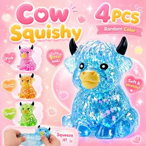 4PCS Highland Cow Squishy, Glitter Highland Cow Squishies Fidget Toy,  Highland Cow Stress Ball, Soft Slow Rising Stress Relief Ball, Cute Sensory Squeeze Toy for Adults & Kids, Anxiety Relief Desk Decor for Cow Lovers