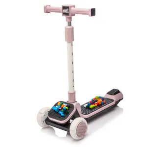 Kids Ride On 3-Wheel Scooter W/Buildable blocks, PU flashing wheels and Folding Kick Scooter,Thickened custom aluminum tube,5-position height-adjustable handlebar&one-touch footbrake for Kids Aged 3-9