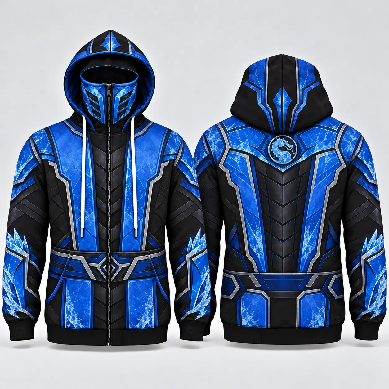 Mortal Kombat Sub-Zero Men’s Zip-Up Hoodie, Blue Black Ninja Armor All-Over Print Hooded Sweatshirt, Cosplay Gamer Gift
