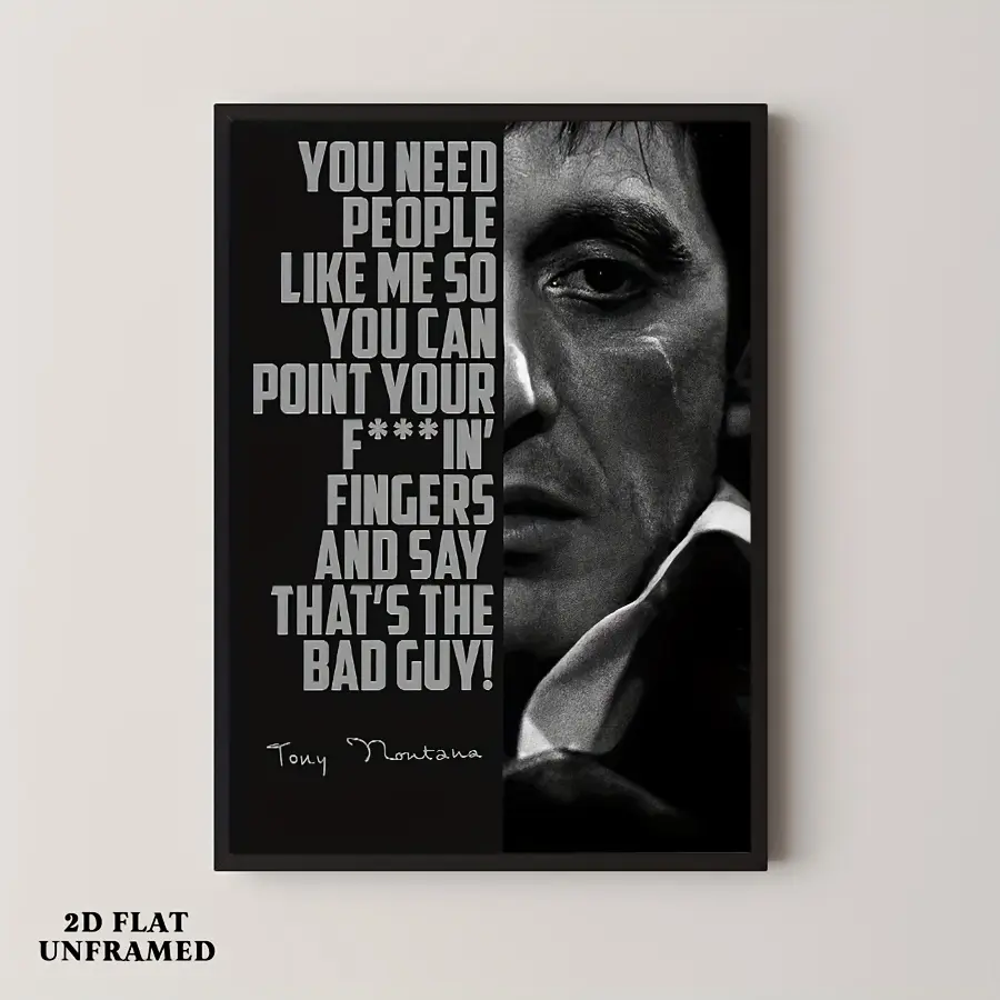 Frameless Tony Montana "Scarface" Quote Canvas Poster - Black-White Gangster Split Portrait, Fade-Resistant Multi-Size Artwork, 12×18 in/24×36 in Movie Decor, Edgy Dark Aesthetic Kid Room/Bathroom Man Cave Gift (Frame Not Included)