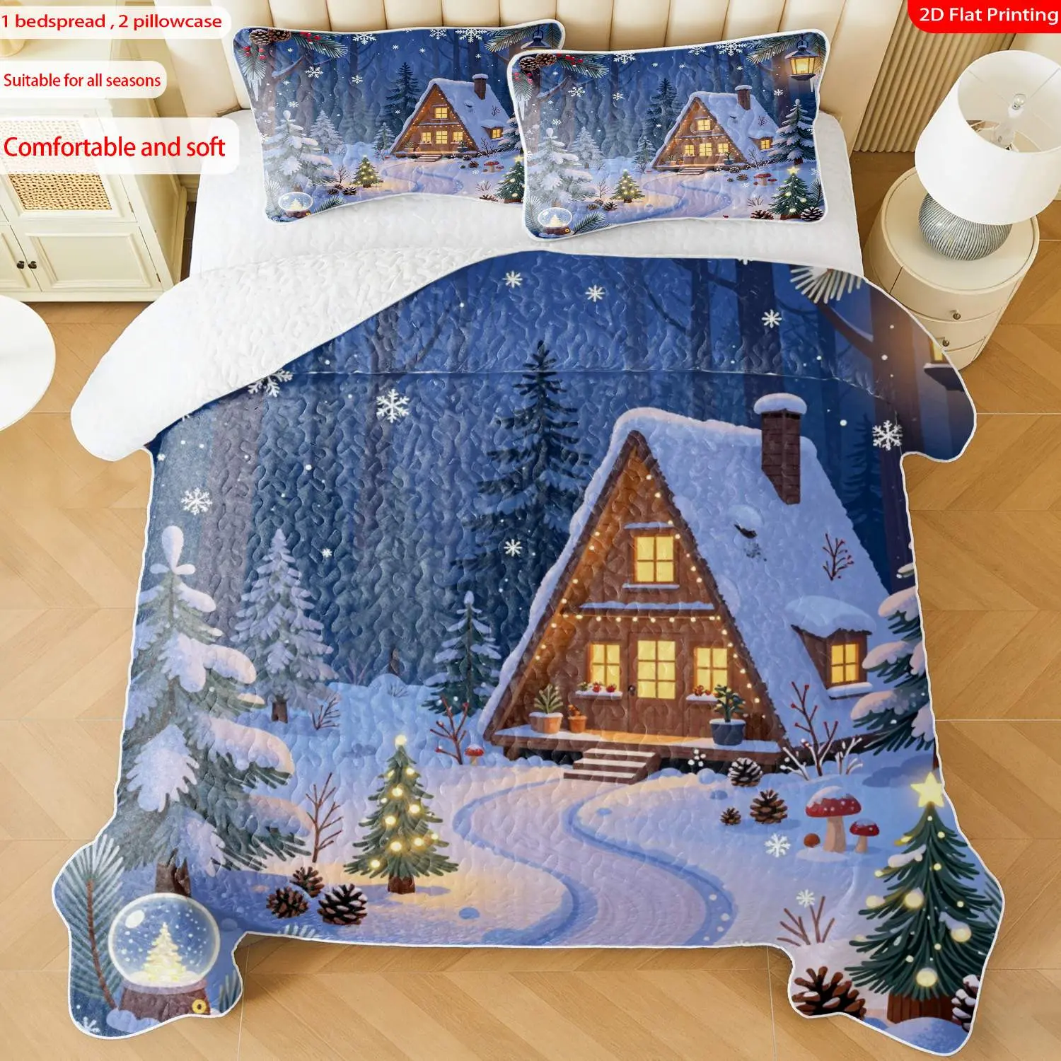 3pcs, 2D flat print Winter Forest Cabin bed cover set, Snowy Christmas Tree theme, multiple sizes available, bedding set, festive decorative bedding, ideal for bedroom décor(1 bedspread , 2 pillowcase)