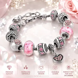 Women's Pink Heart-Shaped Pendant Bracelet Set - Adjustable Bangle Jewelry, Delicate Beaded Braided Bracelet, Dazzling Pendant, Adjustable Serpentine Chain - Exquisite Costume Jewelry Gift for Valentine's Day Daily Wear