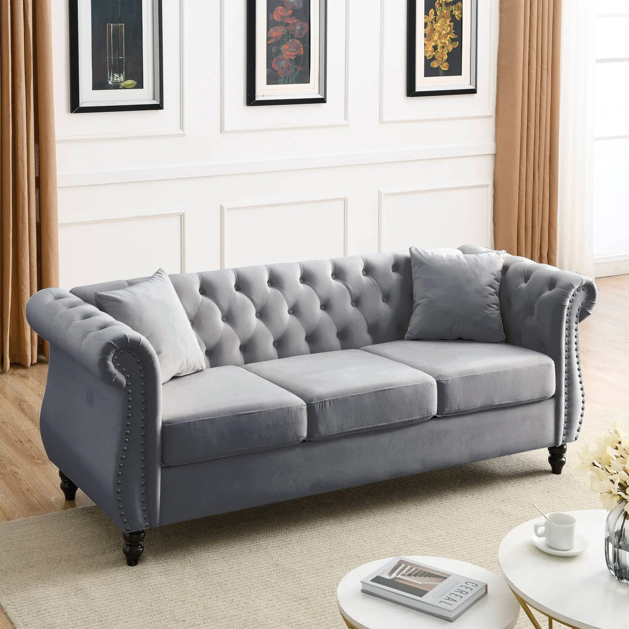Eyisean 80" Velvet Vintage Chesterfield 3-Seat Sofa - Upholstered Couch with Tufted Back, Nailhead Trim, Rolled Arms, Velvet Foam Deep Seat, 2 Pillows, Easy Setup for Living Room, Bedroom