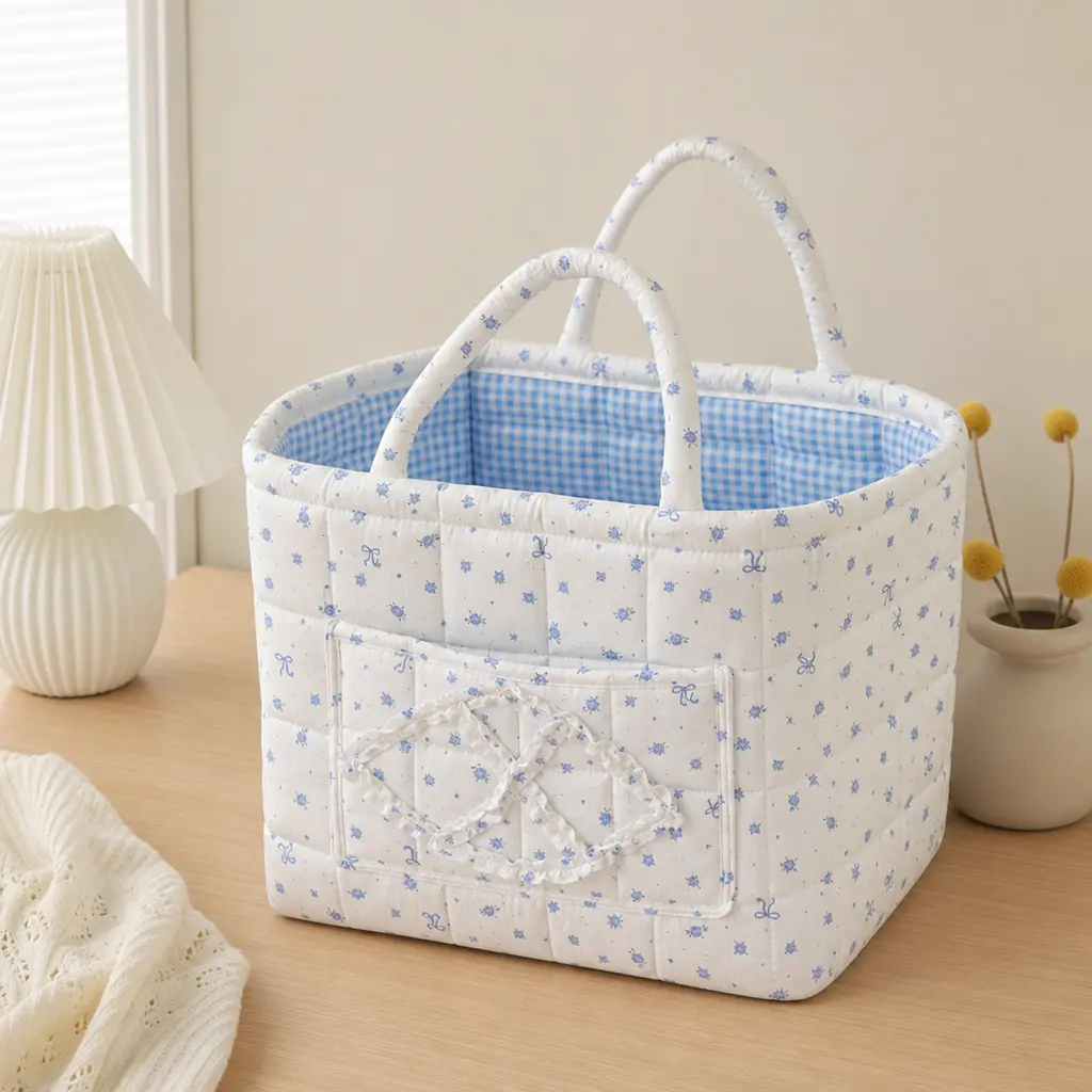 Large milk-white storage basket with four rose colors and quilted stitching, Instagram-style fabric desktop organizer for cosmetics and miscellaneous items
