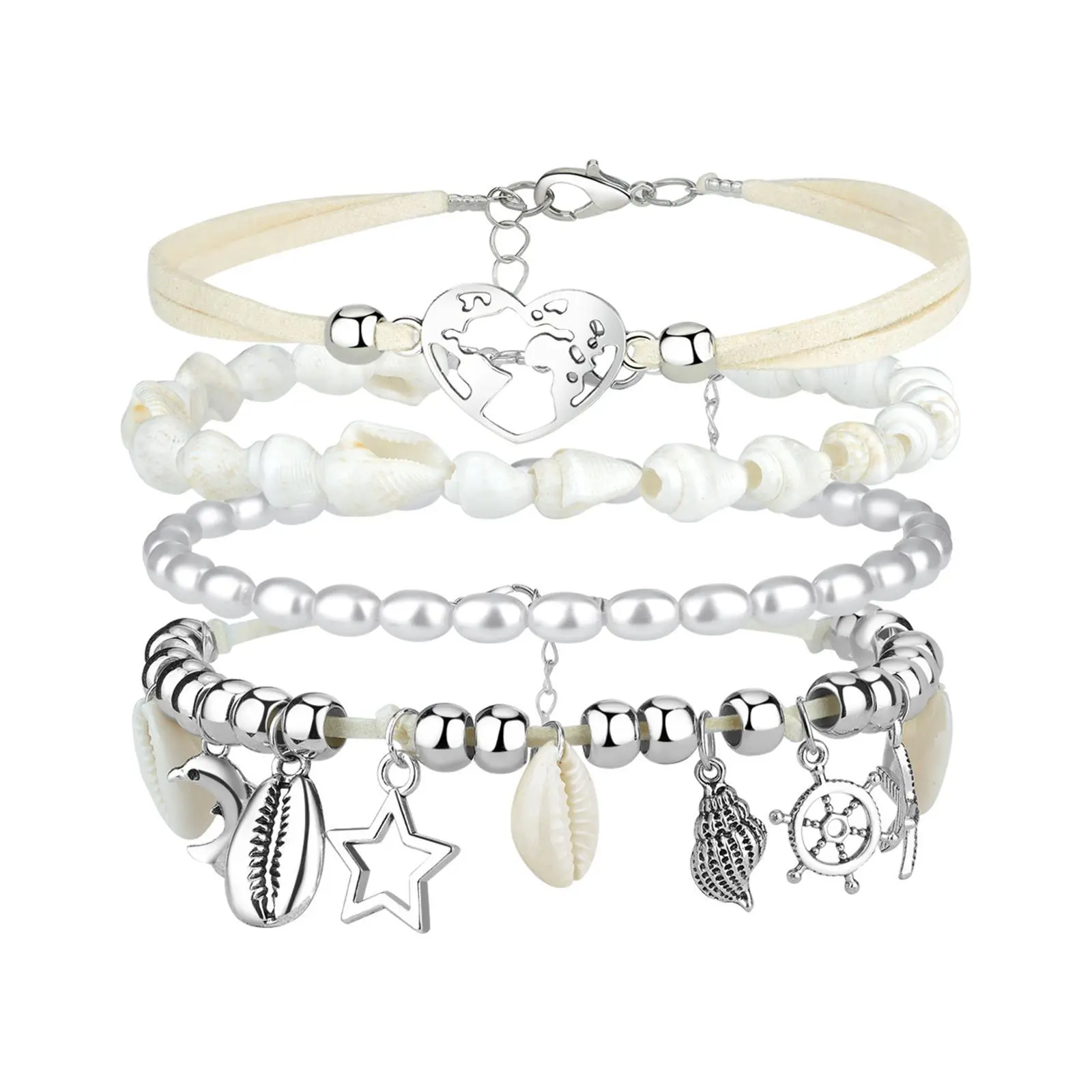 OIDEA Women's Boho Shell-Starfish Layered Anklets (Set of 4) - 0.19" Width, Adjustable, Waterproof Ankle Bracelets with Shell Motifs for Summer Hawaiian Costumes, Set Of Four