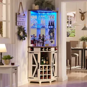 OKD Corner Liquor Cabinet, 72" Tall Right Angle Bar Cabinet, Corner Bar, Corner Cabinet, w/Barn Door & Adjustable Shelves for Home , w/LED Lights & Glass Rack for Dining Room, Living Room, Kitchen, White, Retro, Modern, Classic