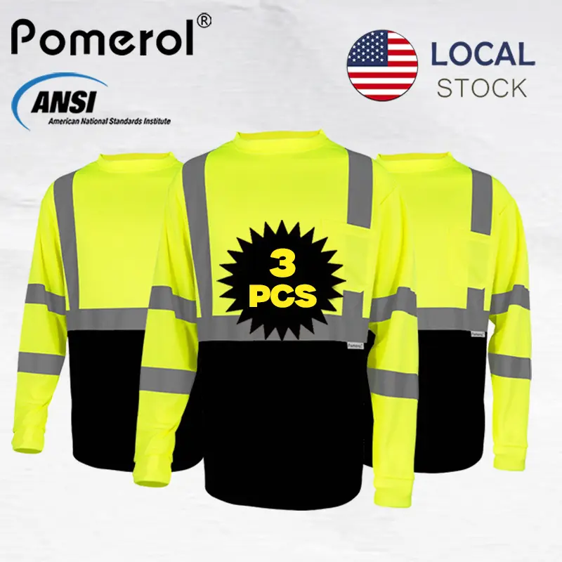 3/6pcs High Visibility Safety Shirt Long Sleeve with Reflective Strips - Yellow/Black and Orange/Black Two-Tone Workwear, ANSI Class 2 Compliant, Durable Breathable Construction Shirt