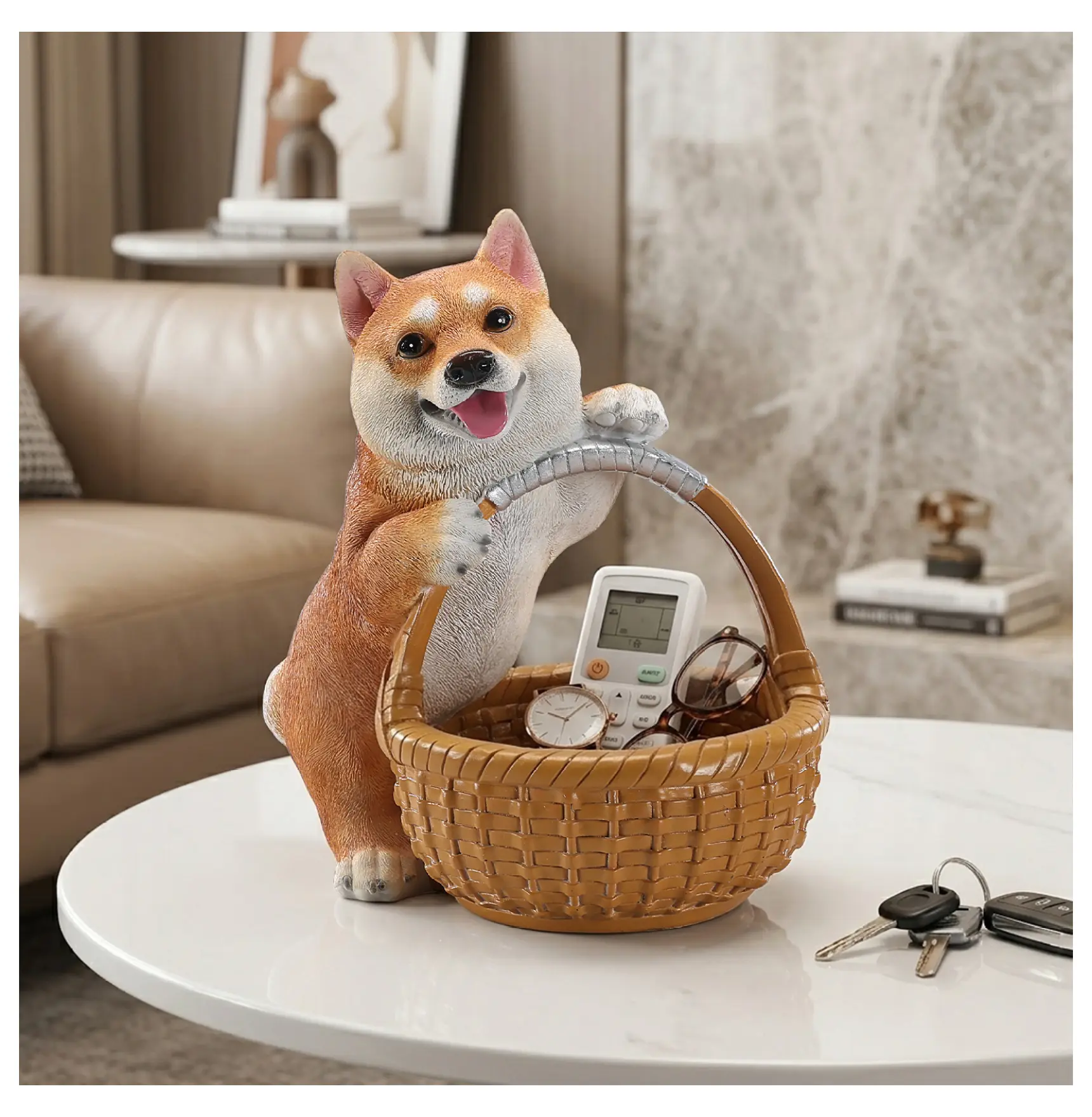 Japanese Orange Resin Shiba Inu Statue with Key Basket - 5 in Basket Diameter, 8 in Height, Animal Figures Figurines, Home Decor for Decorating My Apartment Entryway, Dog Lover Gift, Sculpture, Polyresin, 5 Inches Basket Diameter