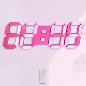 Pink LED Clock Wall Clock 15" Large Display Desk Clock for Living Room Cute Digital Clock for Bedroom Decor Bedside Clock with Remote/Dimming/12/24H/Temp/ Clock/Date