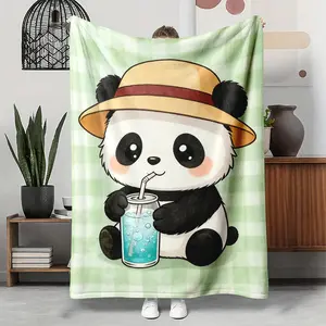 Soft Flannel Blanket, Cute Straw Hat Panda Green Plaid Print Warm Cozy Throw, Durable Plush for Home Couch Bed Sofa, Kawaii Gift & Bedroom Decor Accessory