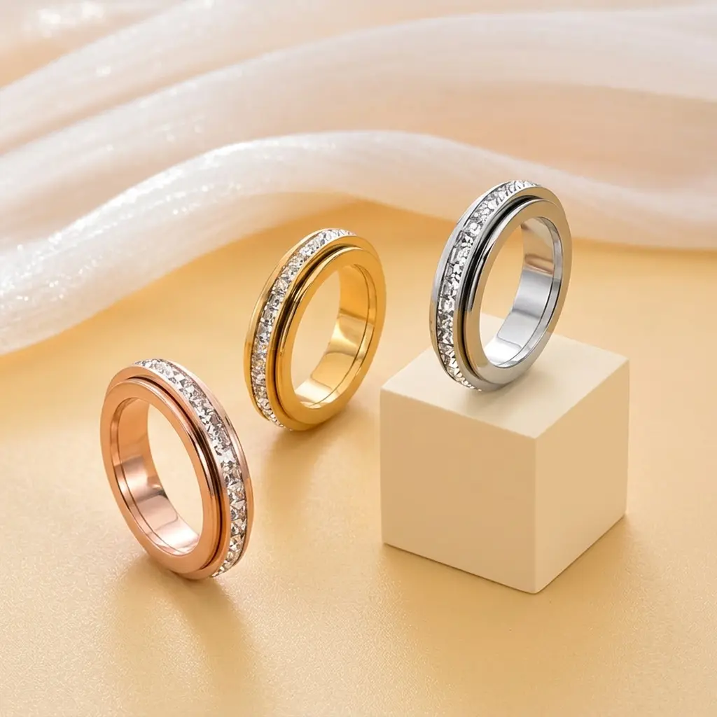 Fashion Titanium Steel Anxiety Relief Spinner Ring for Office Workers - Cubic Zirconia Marquise Stone, Smooth Rotating Stress-Relief Gadget, Comfort Fit Promise Ring for Mild Anxiety, Size 6-9 fidget band ring