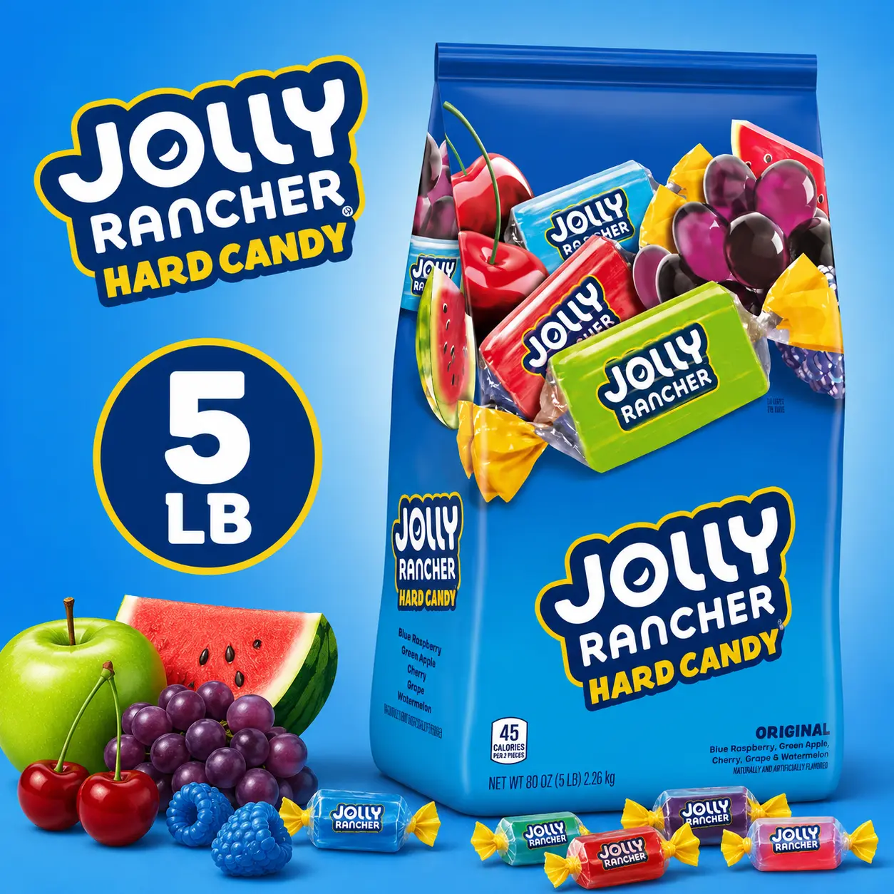 Jolly Rancher Original Hard Candy 5 lb  Bulk Assorted Fruit Flavored Individually Wrapped Candy | Candy Bowl, Party & Office Treats