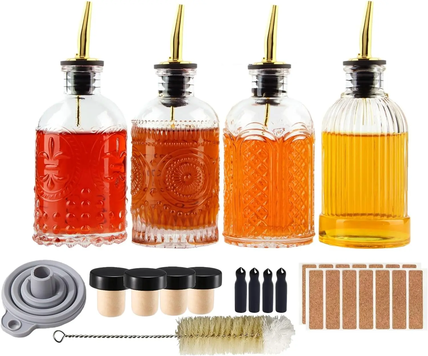 Syrup Dispenser Bottles Set, 4 Pack 7 OZ Bottles With Metal Pour Spout and Labels for Syrups