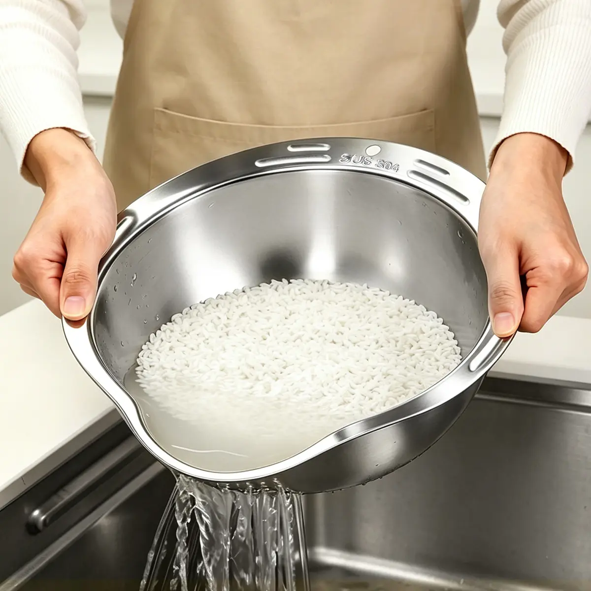 304 Stainless Steel Rice Washing Bowl, Slanted Drain Colander with Handle, Multi-Use Kitchen Strainer for Rice Vegetables Fruit Pasta Beans
