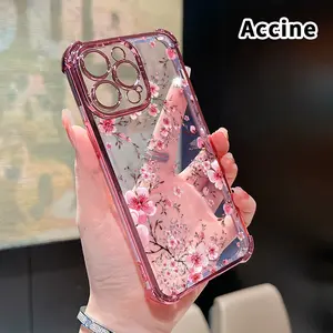 Blossoming Cherry Dreams Pattern Four Corner Anti-Fall Phone Case Transparent Electroplated Protective Cover for iPhone 16 Pro Max 15 Plus 14 13 12 11 E Protection Cellphone Casing