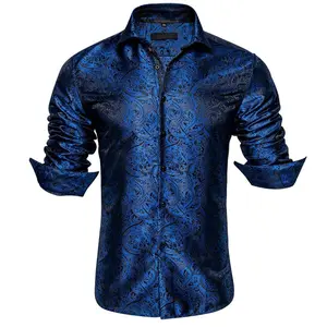 Men's Paisley Floral Formal Casual Dark Blue Sapphire Long Sleeve Dress Shirt Breathable Anti-Shine Jacquard Button Wedding Prom Down Jacket