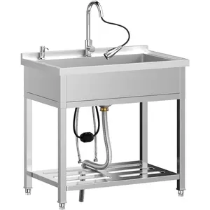 Freestanding Laundry Utility Sink,35.4" * 22.4" * 49.2" Brushed Sink single bowl with Soap Dispenser,Hot&Cold Pull-Out Faucet,Hose and Drain Kit for Laundry, Garage,NSF, Stainless steel