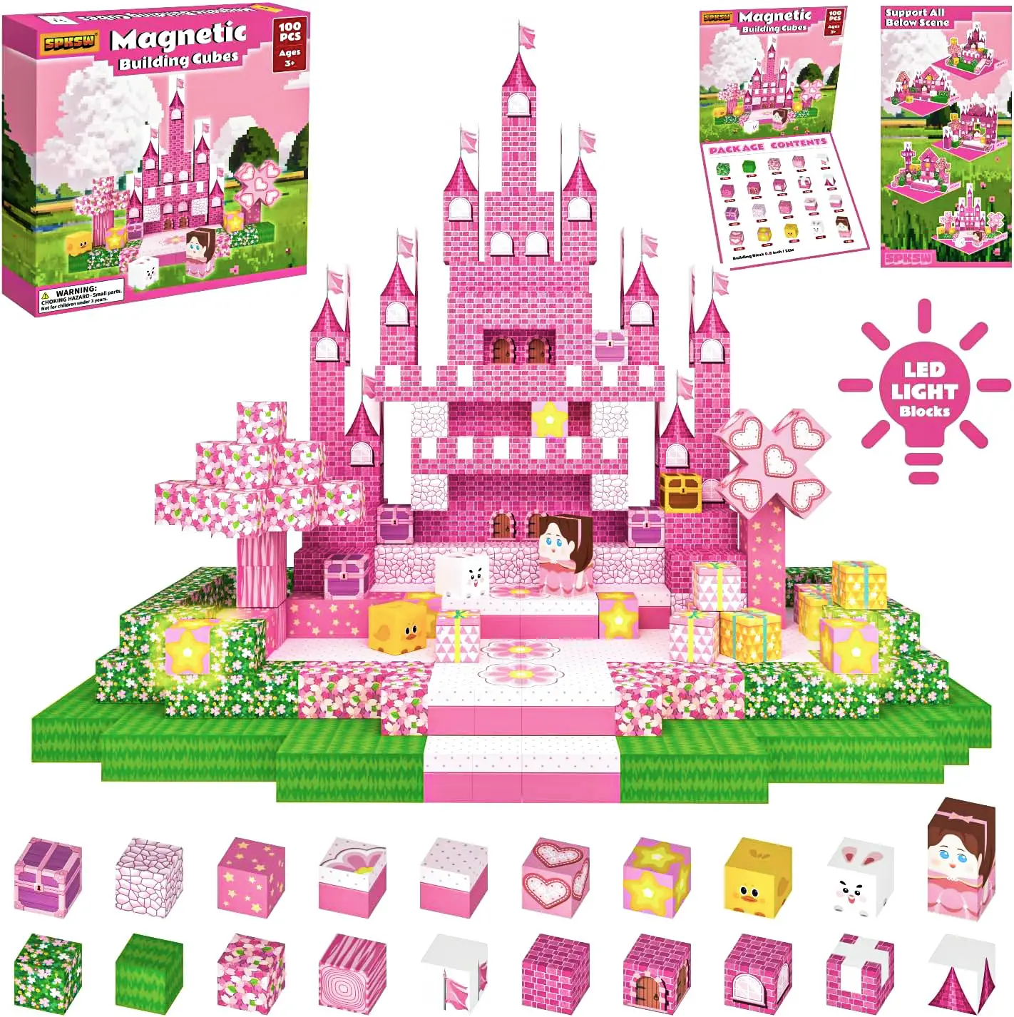 100Pcs BPA-Free Magnetic Tiles Construction Toy, 2 Glow Magnetic Blocks, 0.8×0.8×0.8in Bricks & Parts, Strong Magnets, Sturdy Build, STEM Montessori Sensory Toy, Unisex Parent-Child Games STEM Learning Gift for Kids Ages 3-12 (with Batteries)