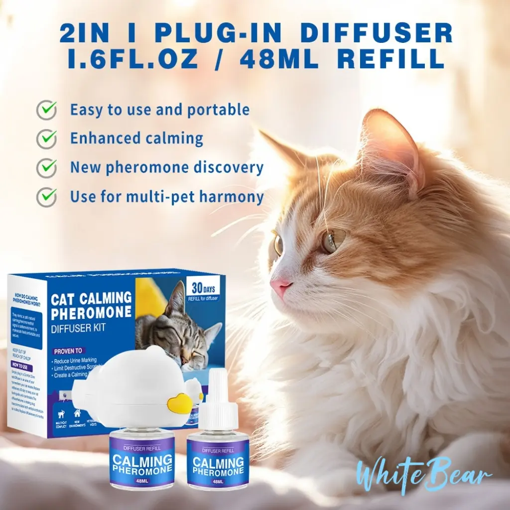 Cat Calming Pheromone Diffuser Refill Pack, 48mL Plugg-in Type, 1 Diffuser Head + 1 Refills, 30 Days Stress Relief for Anxious Cats, Easy to Use