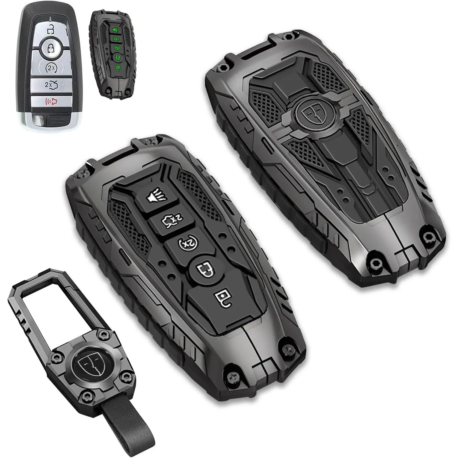 Mech Style Heavy Metal Key Fob Cover for Ford F150 Explorer Fusion Escape Edge Expedition F250 F350 F450 F550 Bronco Maverick Mustang, Zinc Alloy Key Case Protector, 3/4/5 Buttons, Gunmetal