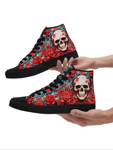 Men's Street Style Skull & Rose Print High Top Sneakers, Fashionable Lace Up Front Chunky Sneakers, All-match Round Toe Sports Shoes for Daily Wear